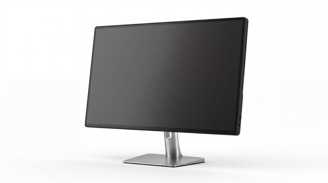 Modern computer monitor with black screen on silver stand