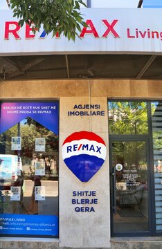 TIRANA, ALBANIA - JULY 10, 2025: ReMax real estate agency in Tirana, Albania. ReMax is an international  real estate franchise operating in over 100 countries.