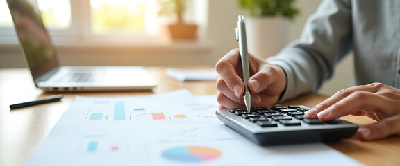 Fototapeta premium Financial analysis with calculator, charts and laptop on office desk, business work.