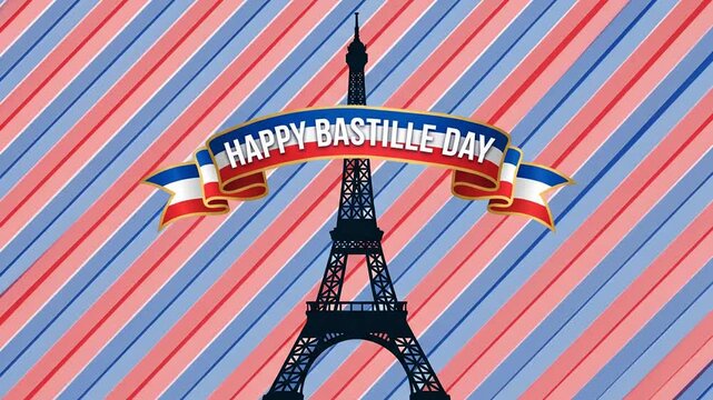 Animated Bastille Day greeting with Eiffel Tower silhouette and French flag stripes