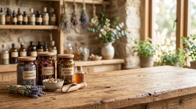 Jars of herbal tea, lavender, and botanical blends on a rustic wooden table in a traditional apothecary shop with dried herbs and stone walls.