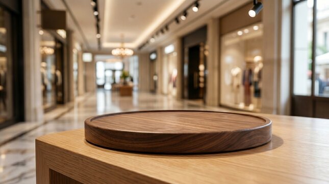 A round dark wood tray sits on a light wooden counter in a blurred, luxurious shopping mall interior with warm lighting.