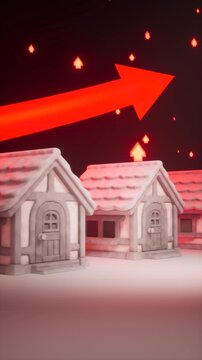 Rows of Miniature 3D Houses with Large Glowing Red Upward Arrow