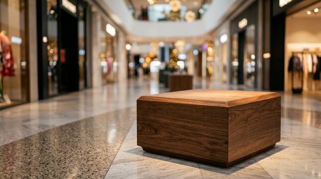 A solid dark wood block sits as a focal point on a polished marble floor within a blurred, upscale shopping mall environment with warm lighting.