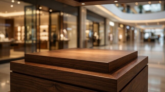 Empty tiered wooden pedestal in a blurred luxury shopping mall background. Perfect for product placement and high-end retail mockups.