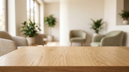 Fototapeta premium A light wooden tabletop surface in focus with a blurred modern living room interior background featuring plants and soft seating.