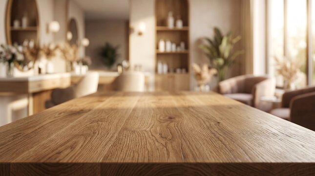 Close-up of a polished wooden table surface with a soft, blurred background showing a sunlit, modern beauty salon or interior space.