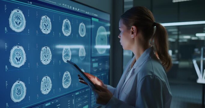 Caucasian Female Medical Researcher Analyzes MRI Brain Scans on Wall Display While Working on Digital Tablet Inside an Advanced Biotech Laboratory for Neuroscience Treatment.