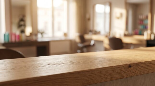 Wooden countertop foreground with a blurred, bright hair salon interior background, featuring mirrors, chairs, and styling products in soft light.