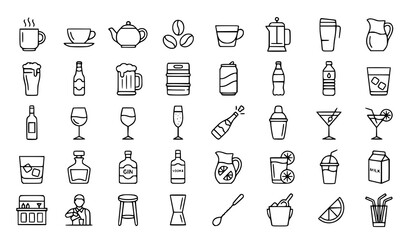 Naklejka premium Beverage icons set coffee tea alcohol milk and drinkware line art