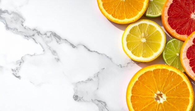 Fresh lemon slices and citrus fruit on white surface.