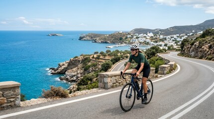 Fototapeta premium Cyclist riding a road bike along a scenic coastal highway overlooking the Mediterranean sea.