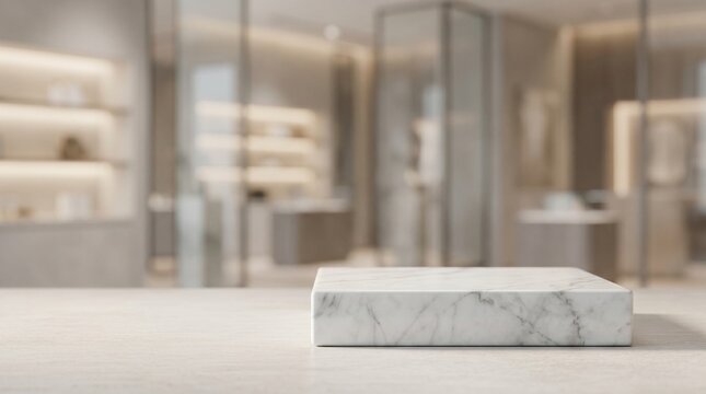 A square marble block sits on a neutral surface, positioned in front of a softly blurred, elegant boutique or salon interior with warm lighting.