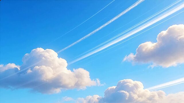 Blue sky with white clouds and contrails