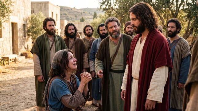 Canaanite woman kneeling and pleading to Jesus for her daughter miracle healing. Biblical historical scene from Gospel of Matthew. Jesus Christ with disciples in ancient Middle East city.