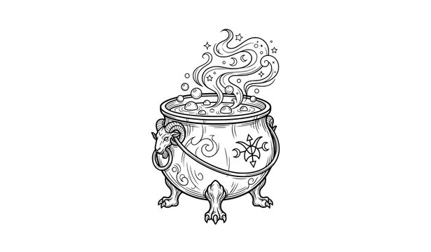 Vintage engraving of a witch's cauldron with ram head and magical effects