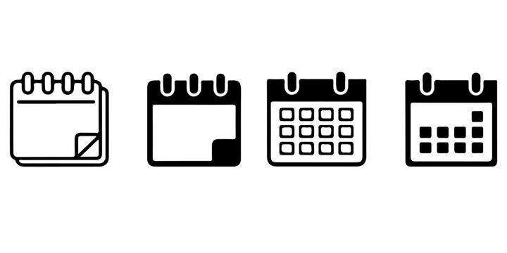 Calendar icon collection with desk calendars, wall planners and date organizer symbols in black glyph vector style