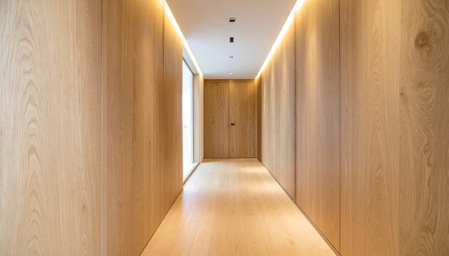 Modern minimalist interior hallway with wooden paneling and ceiling light.