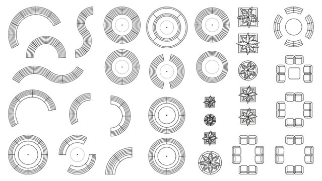 Retail Mall Atrium Seating CAD Blocks Top View Furniture Symbols Outline Vector Set