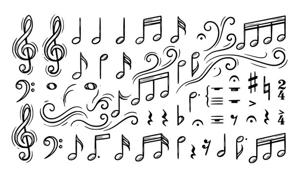 Hand drawn musical symbols collection treble clef notes and rhythmic values