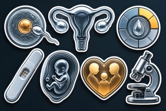 Glossy fertility and reproductive health 3D icon set on dark background