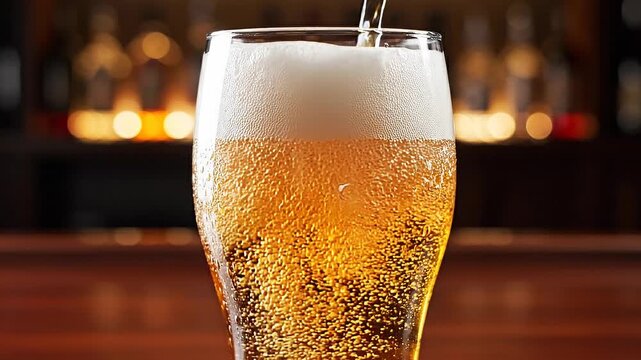 Refreshing cold beer being poured into a frosty glass with foam head in a cozy bar setting