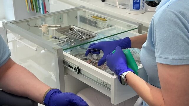 Dental instruments selected by nurse hands from sterile tray before dental treatment in modern clinic with clean medical tools ready for procedure