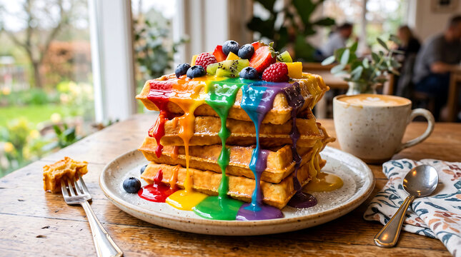 Stack of golden crispy waffles topped with fresh organic berries and drizzled with vibrant rainbow colored syrup served on a ceramic plate for a delicious breakfast
