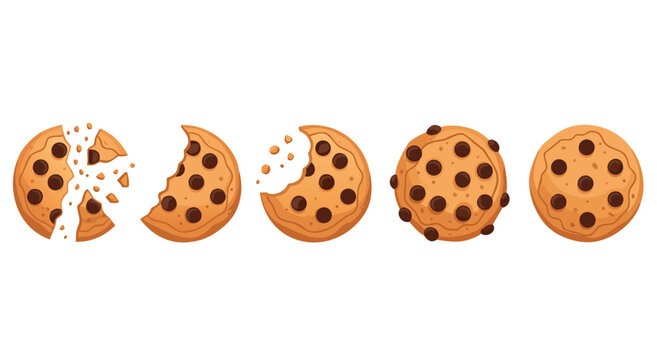 Delicious chocolate chip cookies set vector illustration showing various stages of eating for food bakery menu design isolated on white background