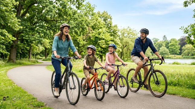 Happy family riding bicycles together on a scenic park path during a sunny summer day.