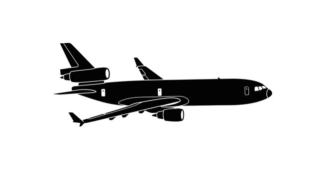 Silhouette of a McDonnell Douglas DC-10 airliner in flight, isolated on white background