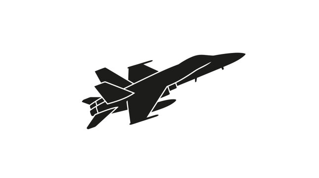 Silhouette of a modern fighter jet in flight, black on white background