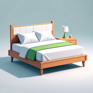 Modern wooden bunk bed with green and white bedding in childrens room.