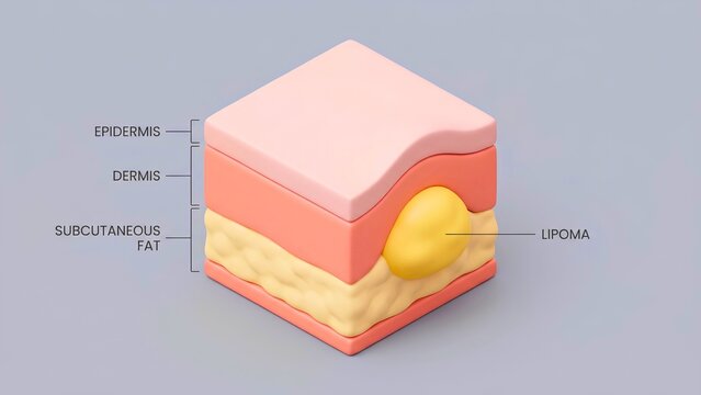 3D Cross Section of Skin Layers Showing Lipoma in Subcutaneous Fat