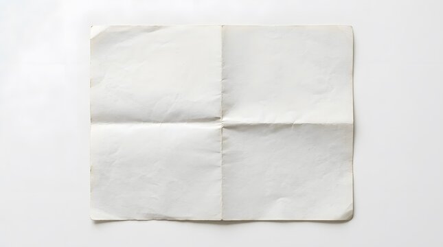 A single sheet of white paper folded into four equal sections, showing distinct crease lines and a textured surface, isolated on a white background