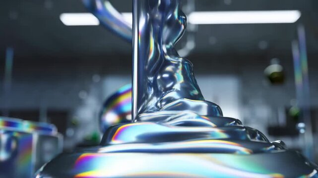 Glossy viscous column rising into rounded pool with iridescent highlights and concentric ripples inside blurred laboratory interior, showing liquid form gathering and unfolding