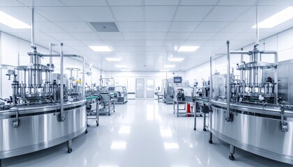 Fototapeta premium Modern industrial factory interior with heavy machinery and workers.