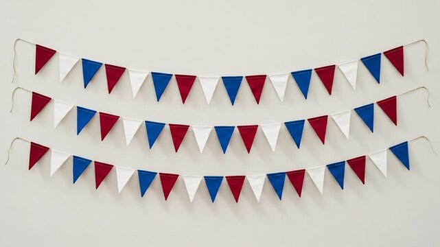 Red White And Blue Fabric Bunting Flags Hanging Against White Wall