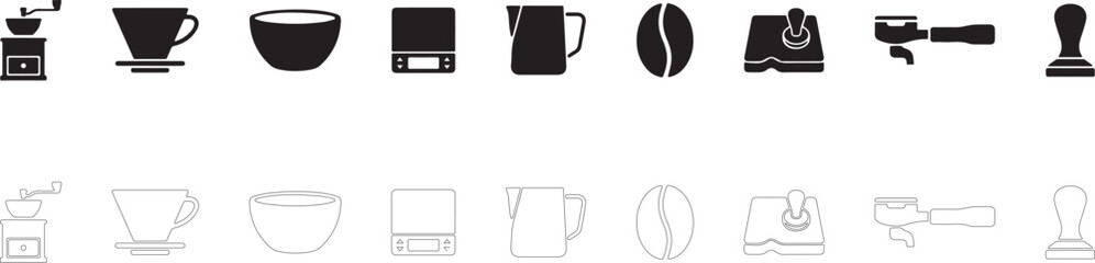 Fototapeta premium Coffee brewing equipment set vector icon filled and outline, barista accessories symbols.