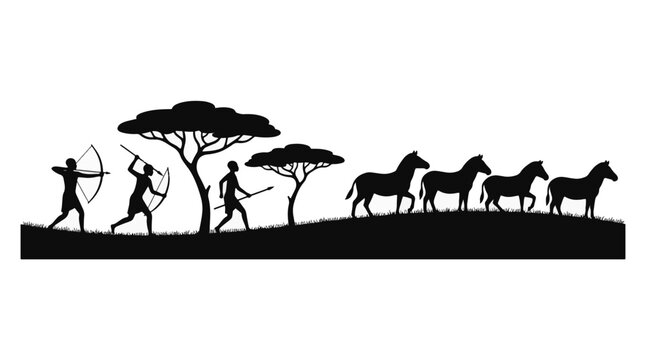Black silhouette of ancient tribal hunters with bows and spears stalking a herd of wild zebras across an African savanna landscape with acacia trees, isolated on a white background.