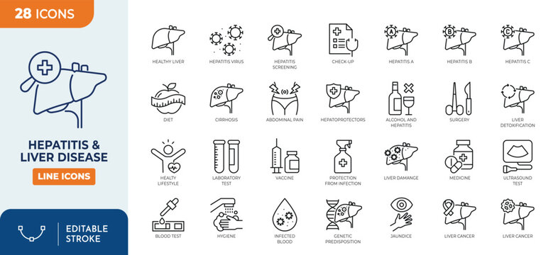 Hepatitis and liver disease icon set. Contain icons related to Hepatitis, liver, disease, Cyrosis, jaundice, virus, hepatoprotectors, diagnosis, pain, and more. Editable stroke. Vector illustration