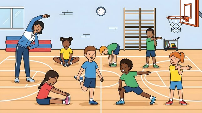 Flat vector illustration of elementary school children performing stretching exercises during physical education class with a teacher in a gymnasium. Ideal for fitness, healthy lifestyle, sports educa