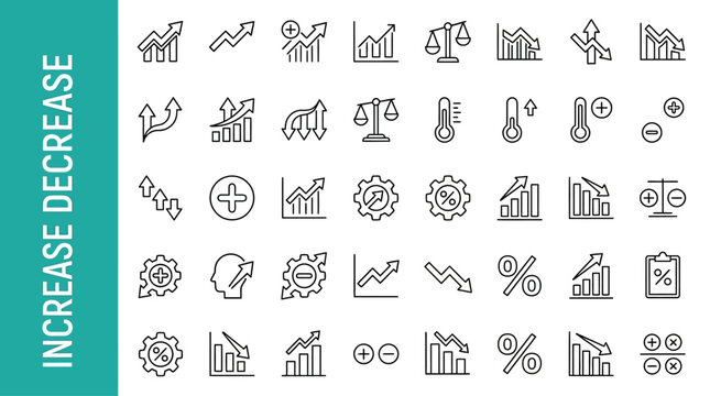 Comprehensive Vector Icon Collection Representing Financial Growth and Decline Trends Featuring Linear Symbols of Upward and Downward Movement for Business Progress and Economic Analysis
