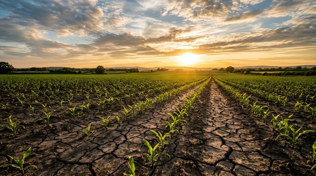 A wide angle view of young green corn sprouts growing in a dry cracked soil field during a golden sunset with a dramatic cloudy sky in the background