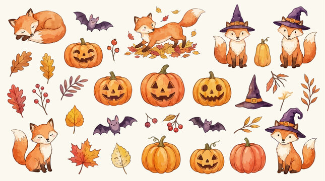 Enchanting Watercolor Collection of Cute Foxes with Spooky Halloween Elements including Pumpkins, Bats, Witch Hats, and Vibrant Autumn Leaves on a Clean White Background for Festive Decoration