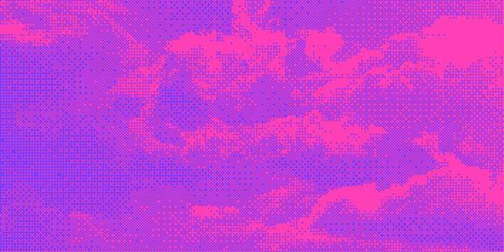 Cyber pink bitmap sky background with pixelated cloud gradient texture. Retro 8 bit halftone stipple dot texture overlay, dither effect for poster, banner, social media, Y2k, mixed media design 