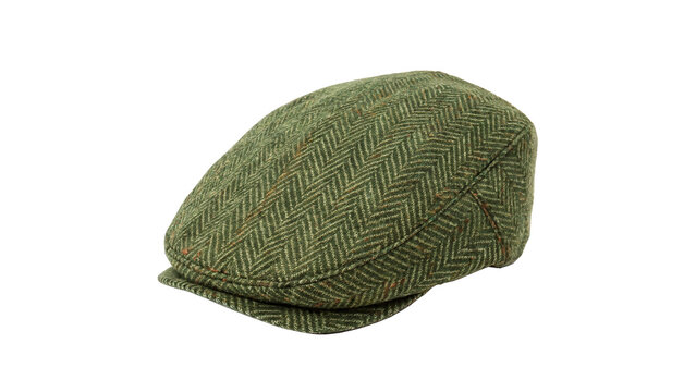Classic green tweed flat cap heritage country headwear isolated on transparent background
