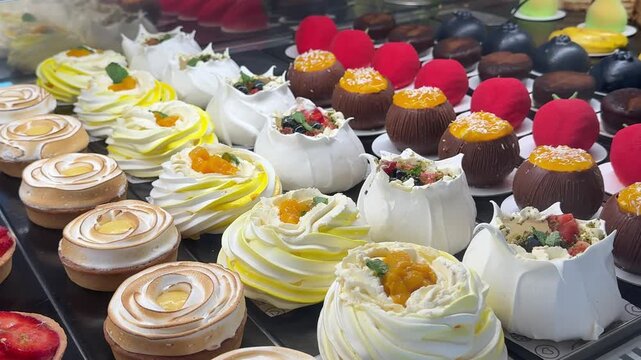 French desserts displayed in pastry shop showcase with colorful mousse cakes meringue fruit shaped pastries and luxury sweets ready for customers