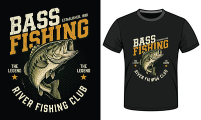 Fototapeta premium Vintage bass fishing graphic for tshirts showing predatory fish leaping from water with decorative text and textured background for creative apparel designs and merchandise.