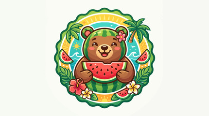 Fototapeta premium Bear eating watermelon slice summer.